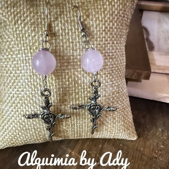Alquimia Silver and Pink Cross Earrings - Picture 1 of 1